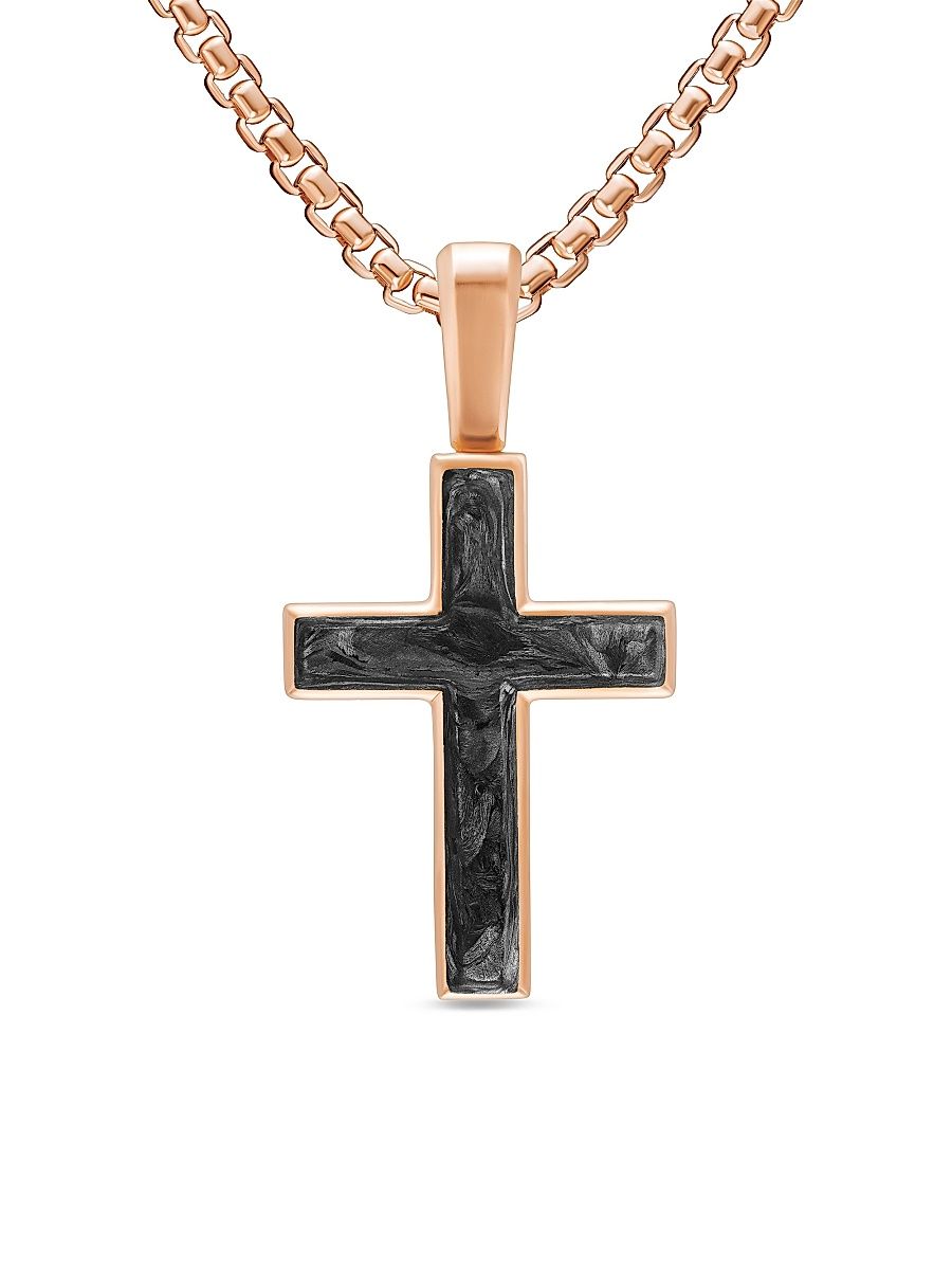 Men's Cross Amulet in 18K Rose Gold with Forged Carbon, 24MM - Forged Carbon