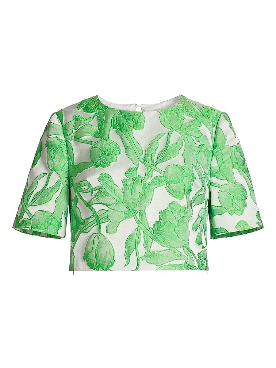 Women's Tulip Floral Jacquard Crop Top - Green Multi - Size Large