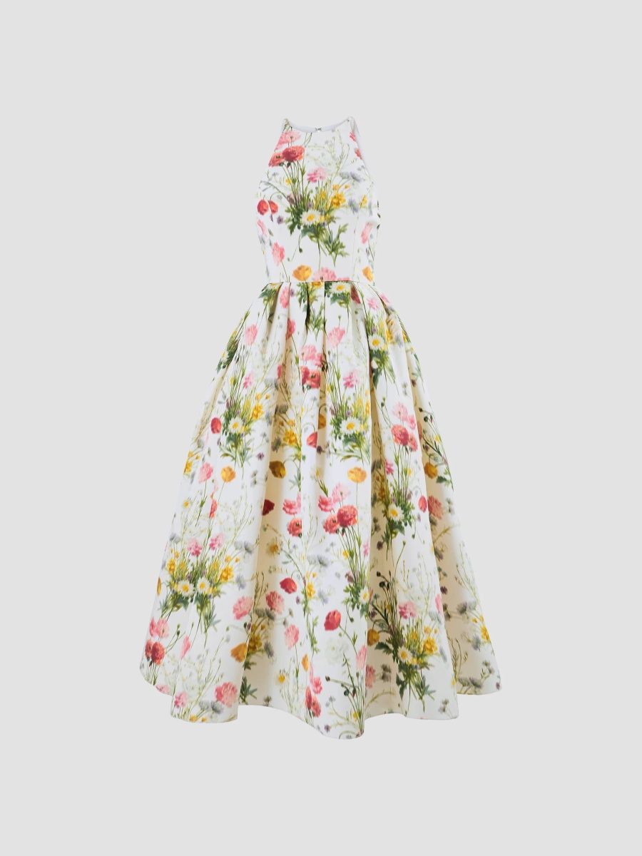 Carolina Herrera Women's Floral Silk Fit & Flare Halterneck Midi Dress - Pearl Multi - Size 14