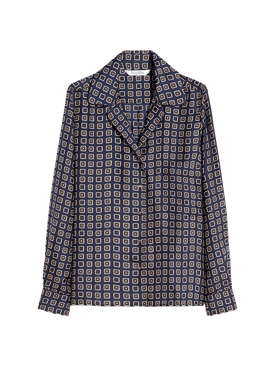 Women's Semi Fitted Printed Silk Shirt - Ultramarine - Size 16