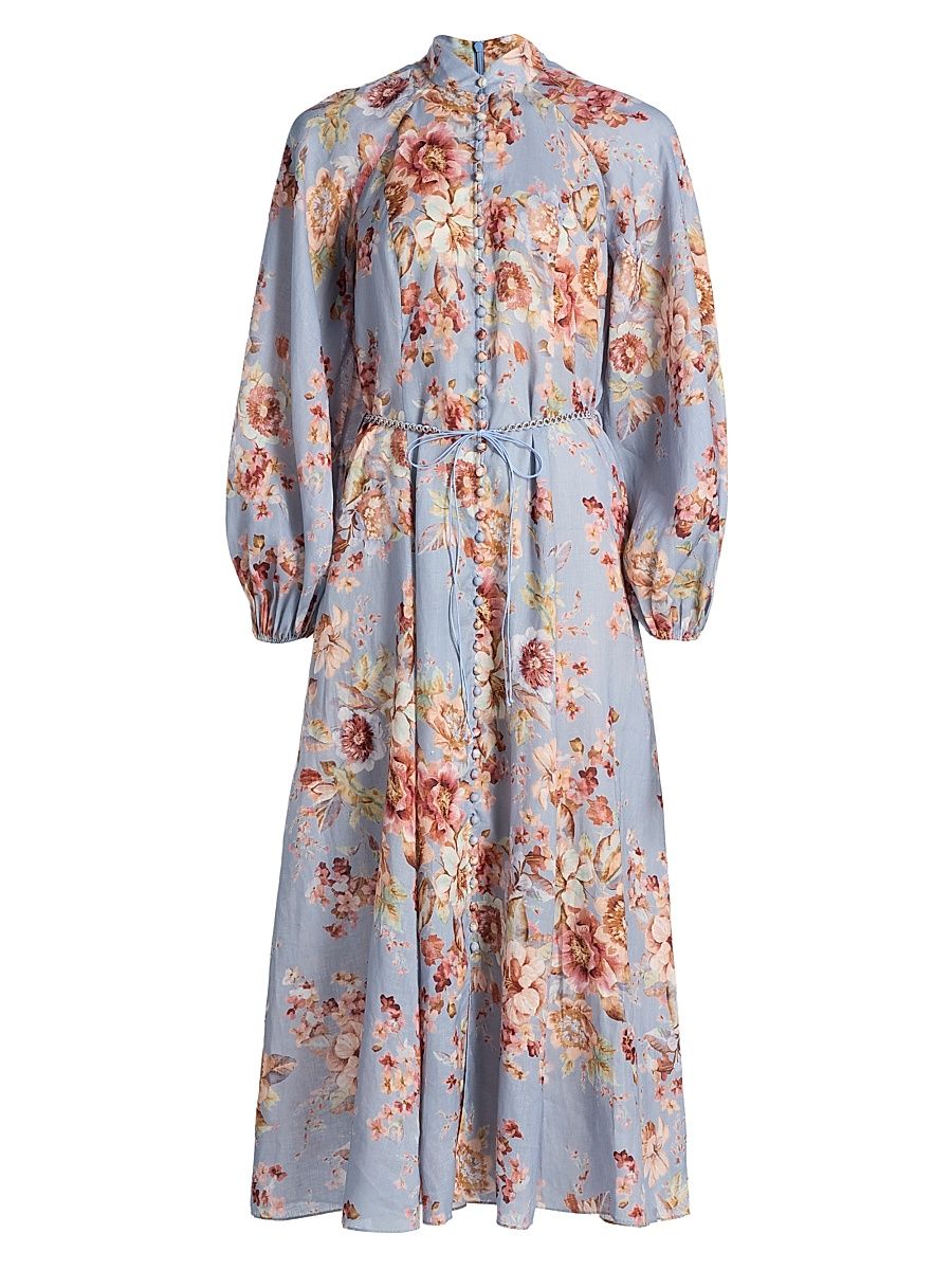 Women's Awaken Billow Linen Midi-Dress - Chambray Floral - Size 10