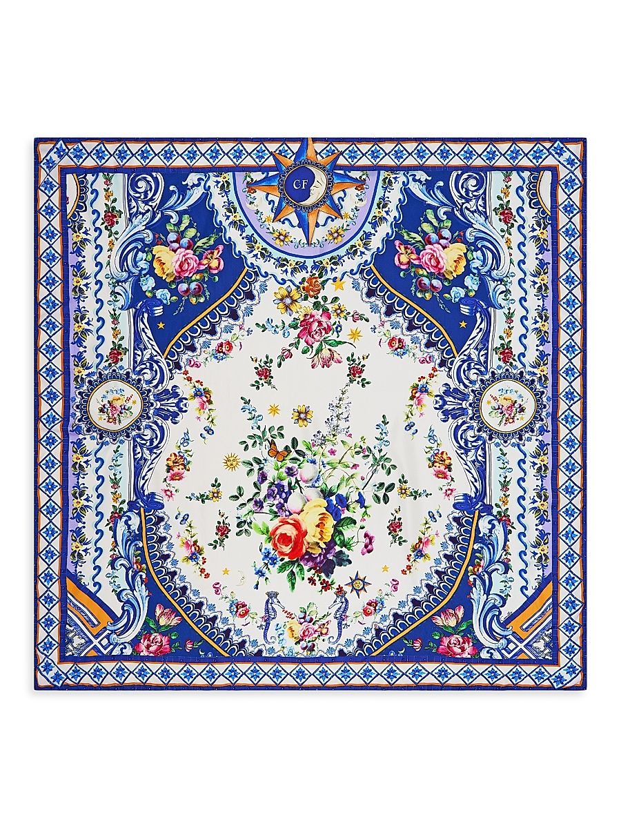 Women's Tiles Darls Large Floral Silk Square Scarf - Blue Multi