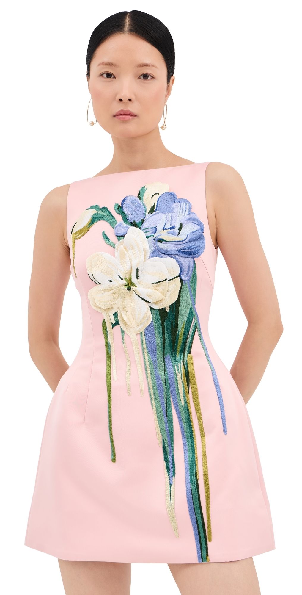 Leo Lin Ali Embroidered Mini Dress Bouquet Print in Pastel Pink 12