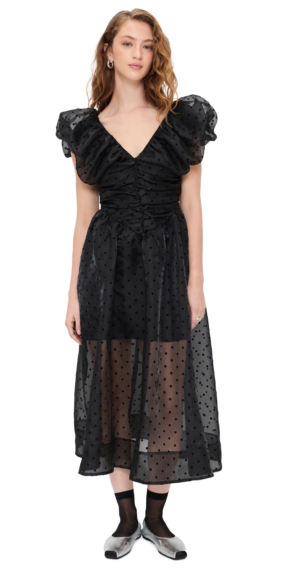 GANNI Flocked Organza Long Ruched Dress Black 40