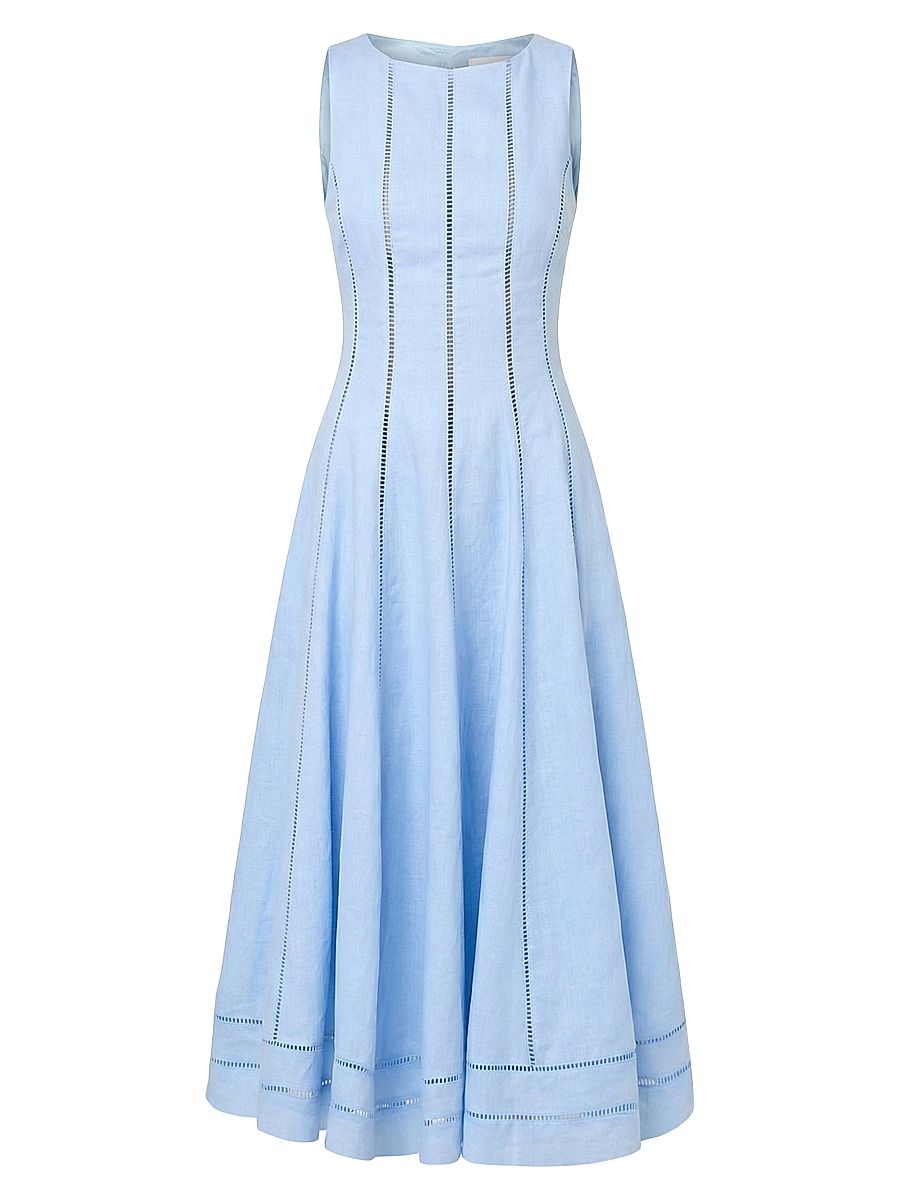 Women's Lark Linen Lattice-Trim Midi-Dress - Sky - Size 12