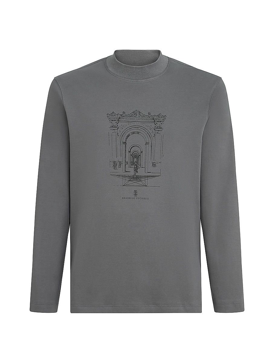 Men's Cotton Interlock Long Sleeve T-Shirt with Mock Neck and Print - Medium Grey - Size XXXXL