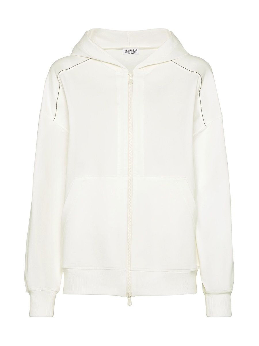 Women's Stretch Cotton Lightweight French Terry Hooded Sweatshirt with Zipper and Shiny Trims - Natural - Size Large