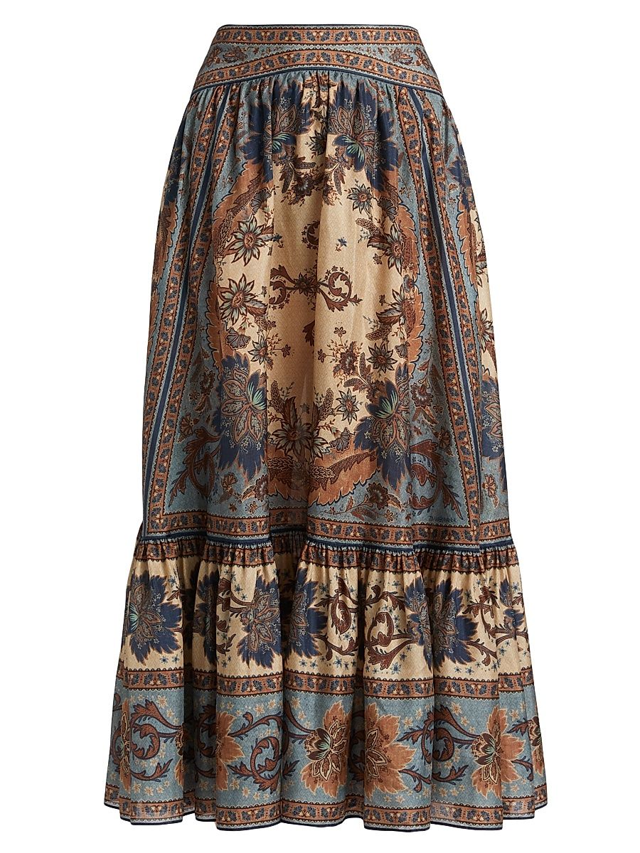 Women's Ascension Tiered Midi-Skirt - Blue Cream Indienne Floral - Size 6