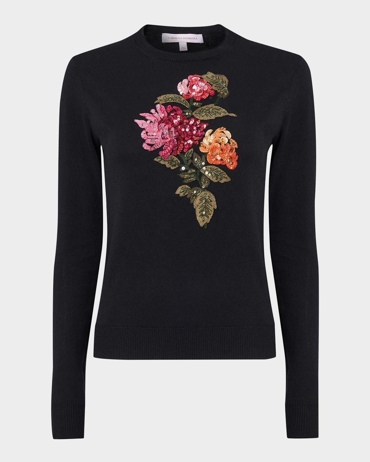 Floral Embroidered Silk-Cotton Crewneck Sweater