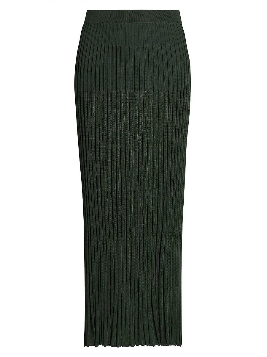 Women's Pleated Ribbed Midi-Skirt - Dark Green - Size 10