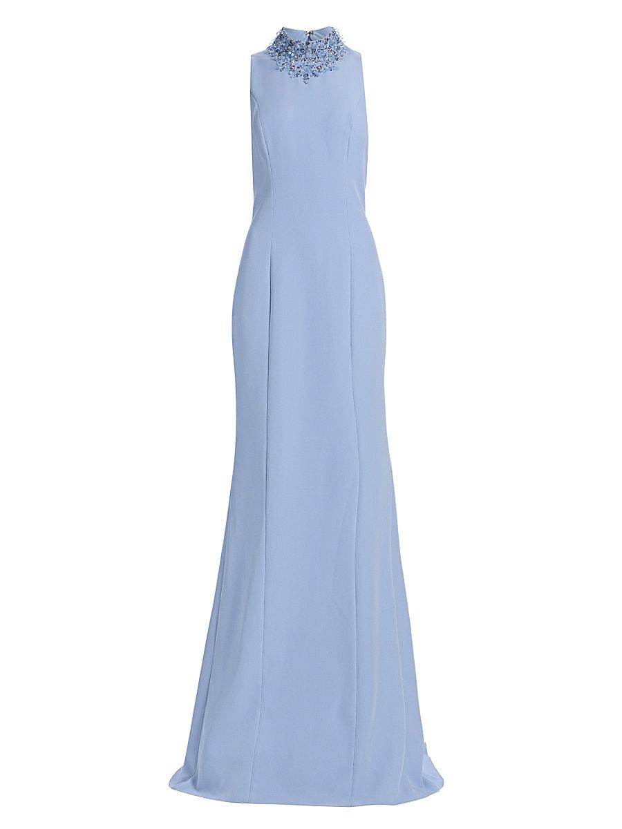 Women's Crepe Beaded Neck Column Gown - Powder Blue - Size 18