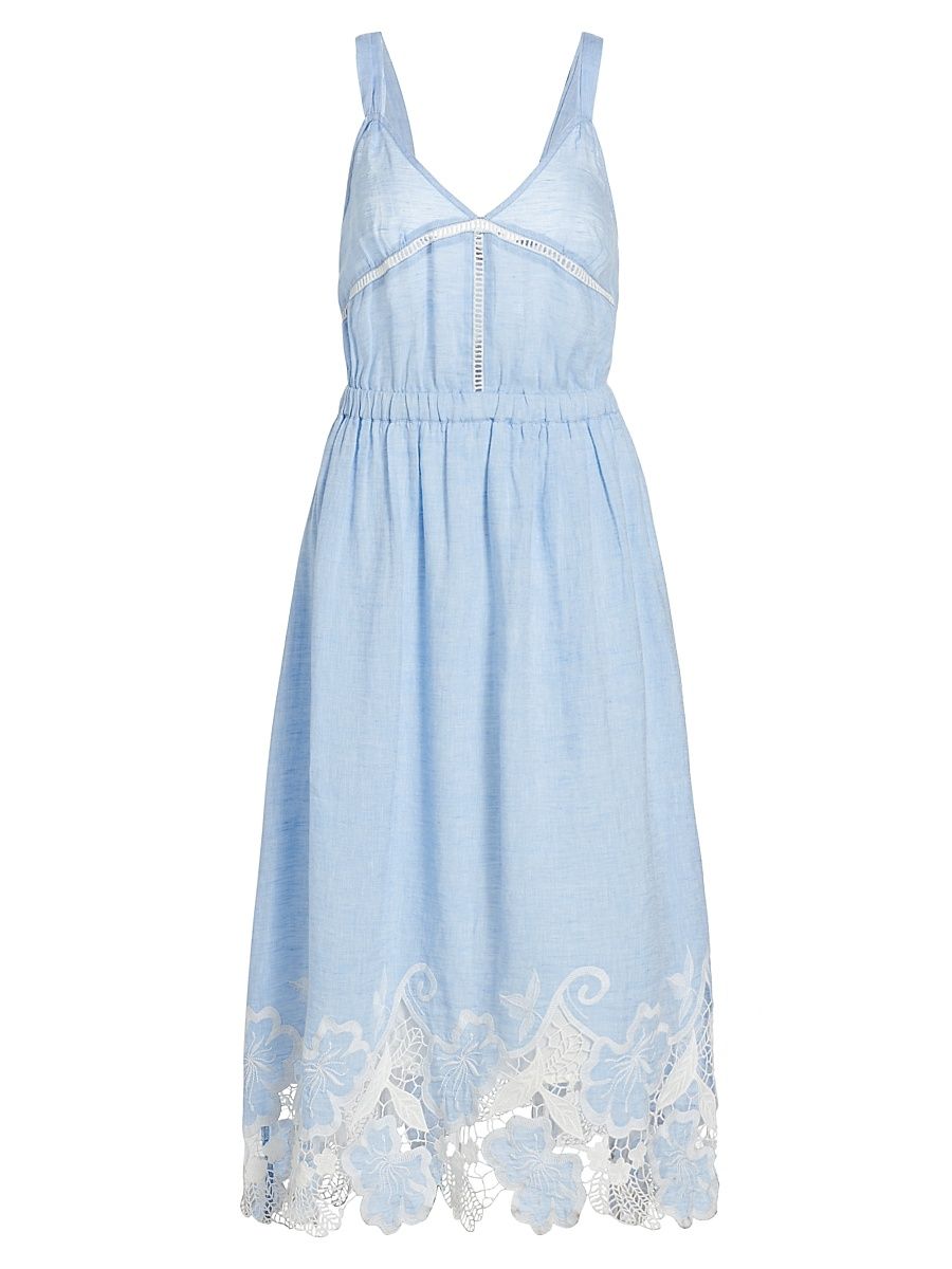 Women's Aubriella Linen Lace-Trimmed Midi-Dress - Chambray Embroidered Boho - Size Medium