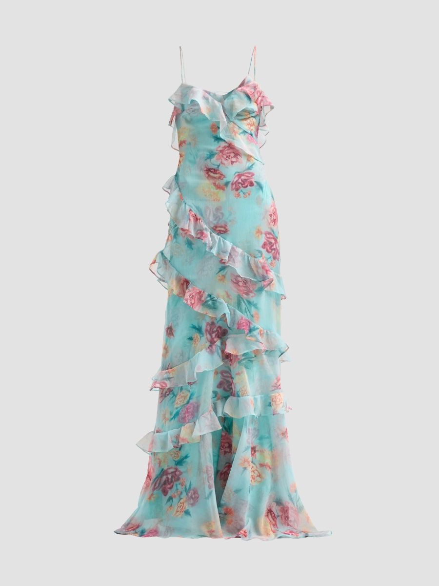 PatBO Women's Flora Mist Floral Ruffle Maxi Dress - Blue - Size 0
