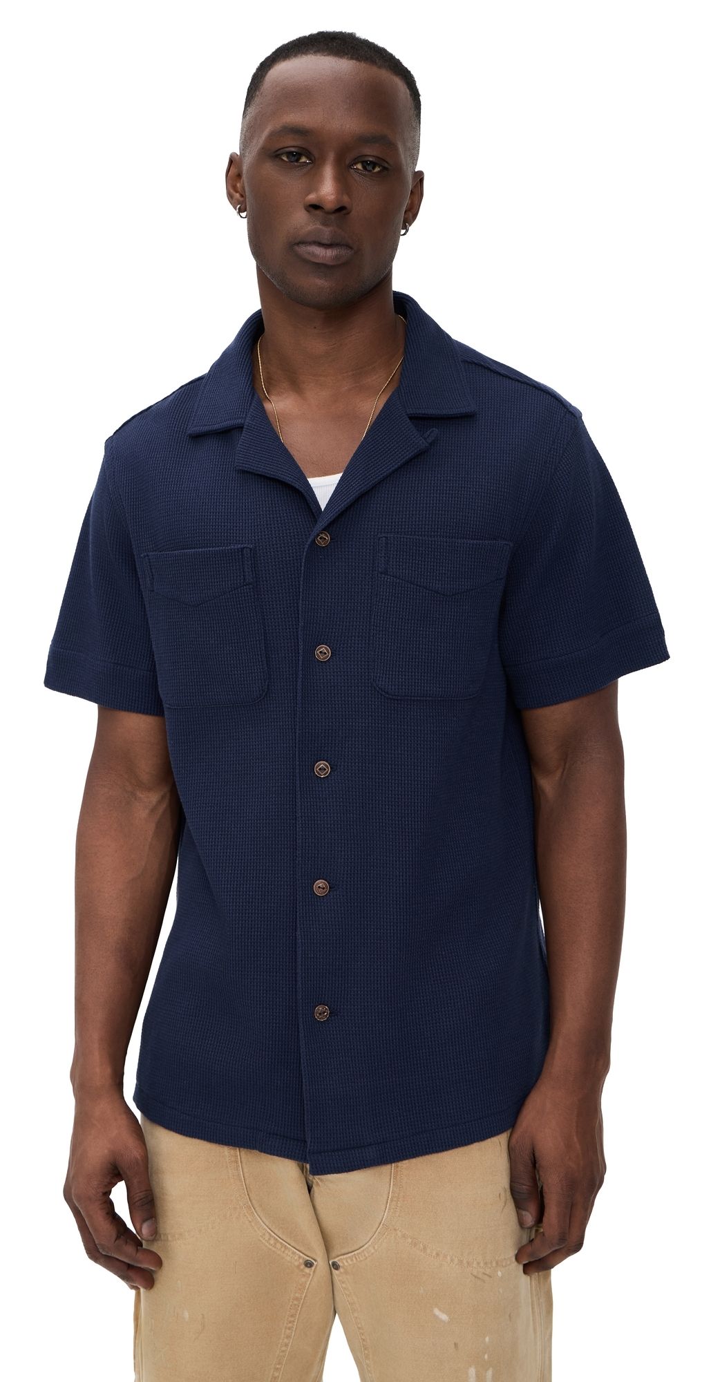 Polo Ralph Lauren Cotton Linen Waffle Knit Andy Camp Shirt Newport Navy L