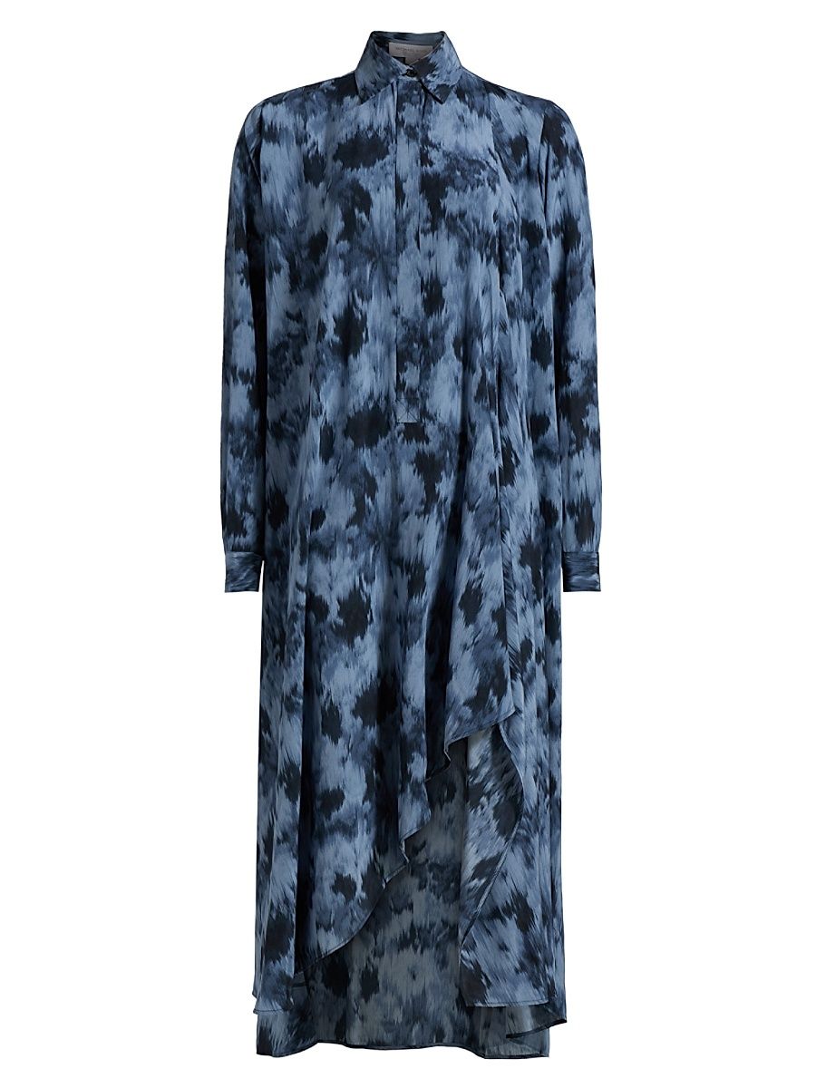 Women's Printed Draped Silk Caftan - Lake Multi - Size Medium