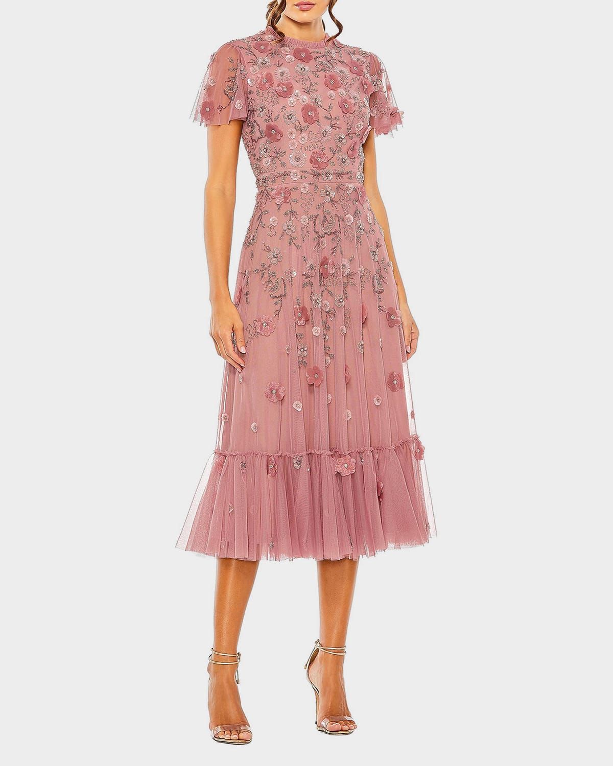 Sequin Floral Applique Tulle Midi Dress
