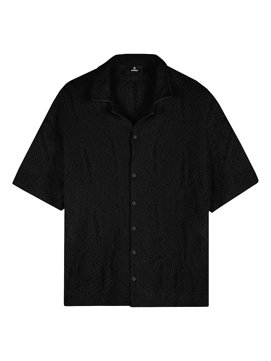 Men's Crochet Cotton-Blend Camp Shirt - Jet Black - Size XXL