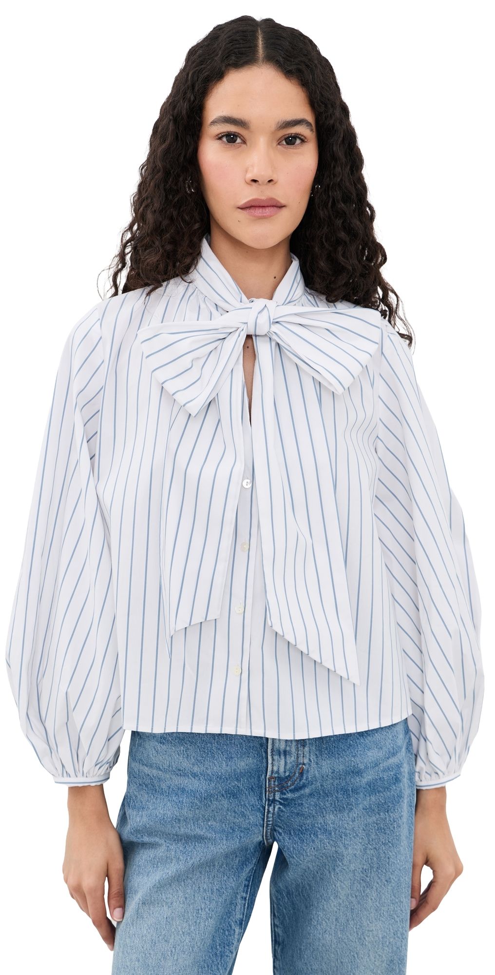 L'AGENCE Deon Tie Neck Blouse White/Thin Blue Mist Stripe XXS