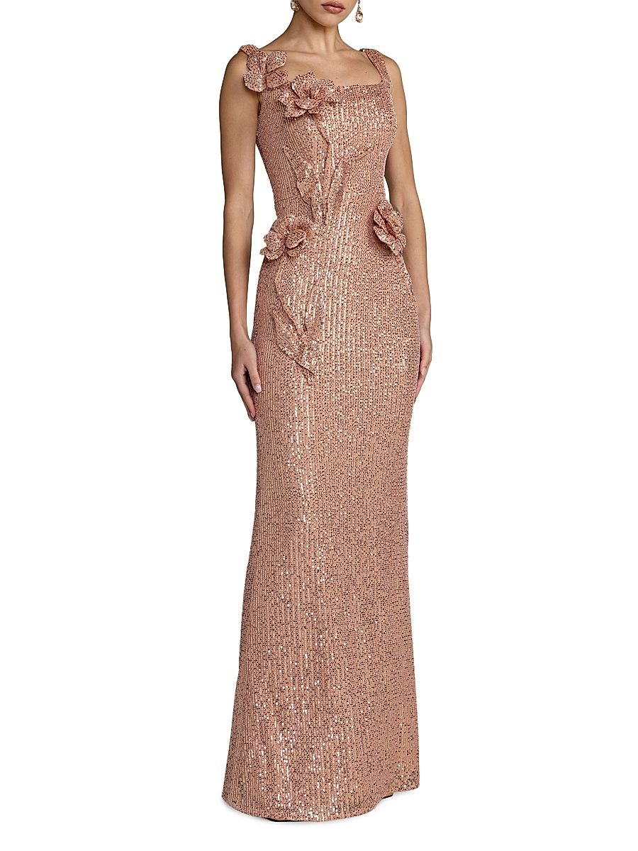 Women's 3D Flower Sequin Column Gown - Copper - Size 2