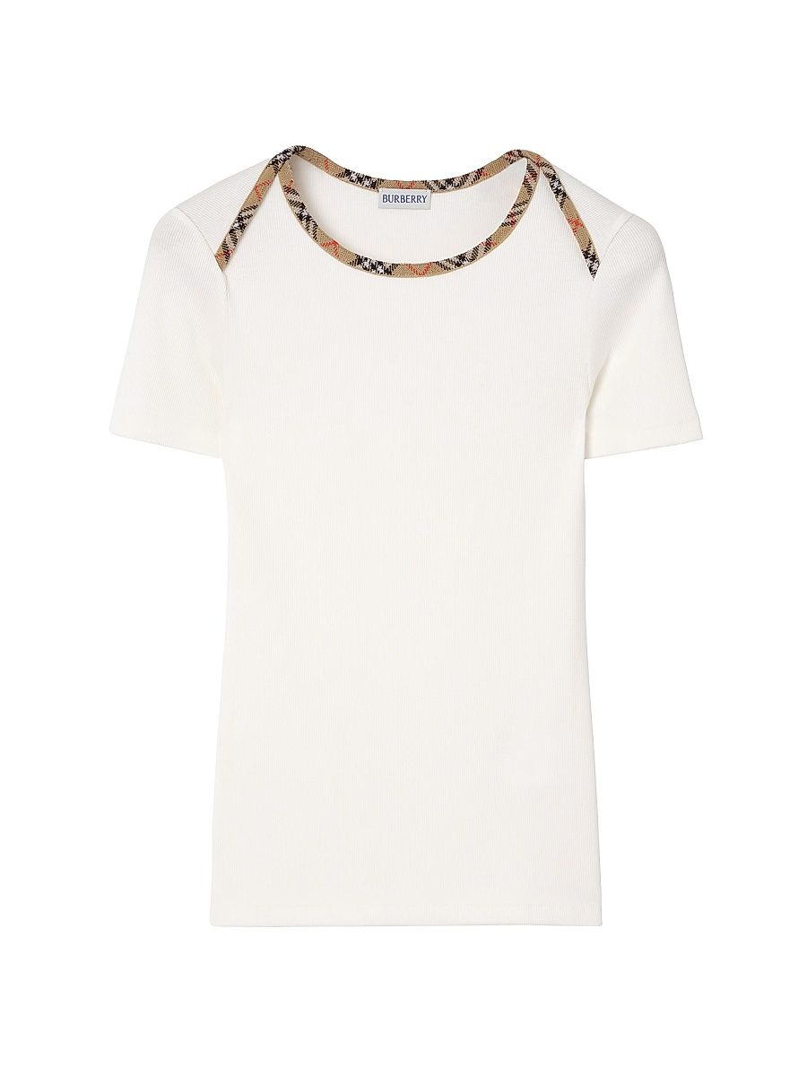 Women's Check Trim Stretch Cotton T-Shirt - Chalk - Size XXXXS