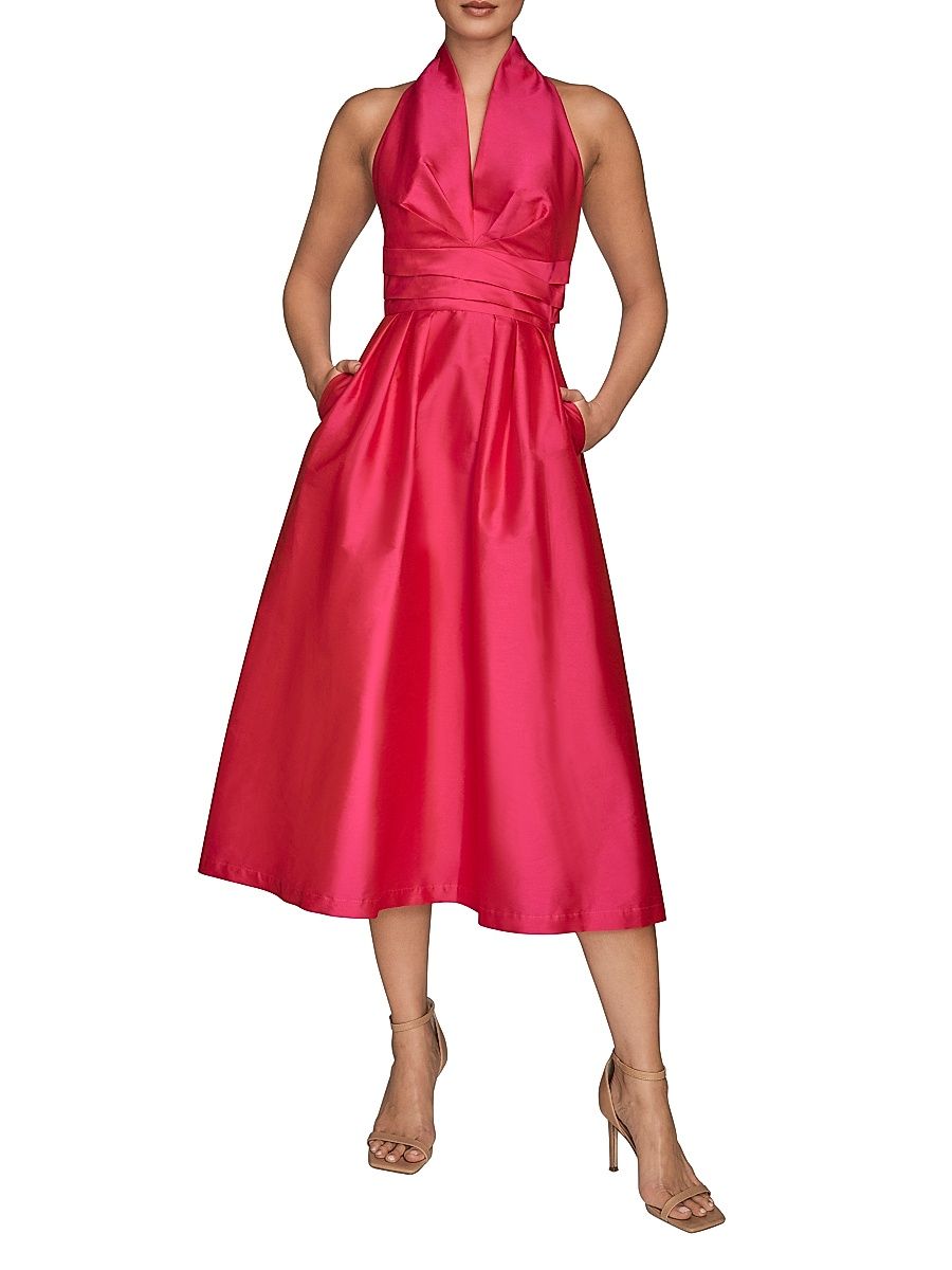 Women's Taffeta Halterneck Midi-Dress - Hot Fuschia - Size 2