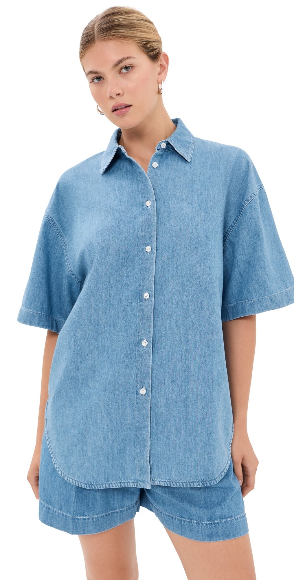 Another Tomorrow Chambray Short Sleeve Shirt Light Blue Wash XS