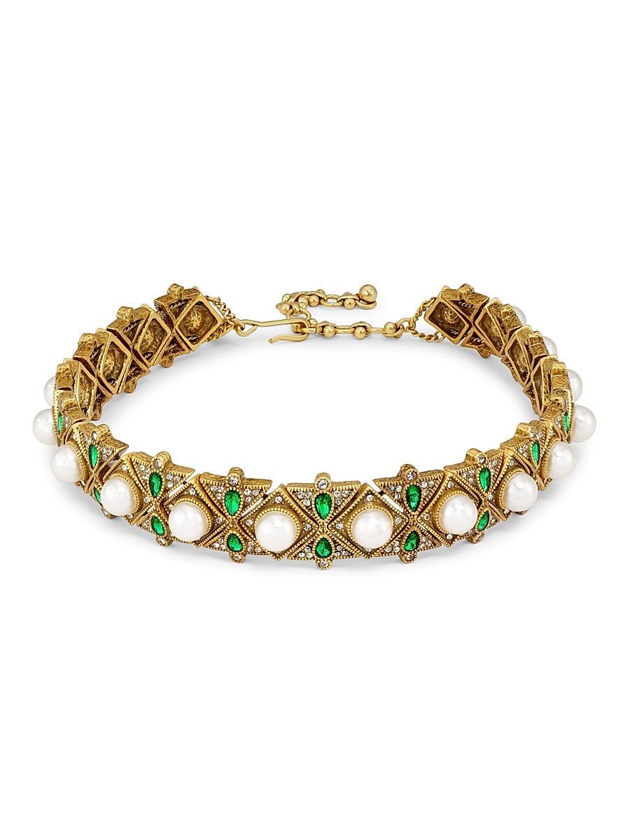 Women's Goldtone, Imitation Pearl & Glass Crystal Choker - Gold Crystal Emerald