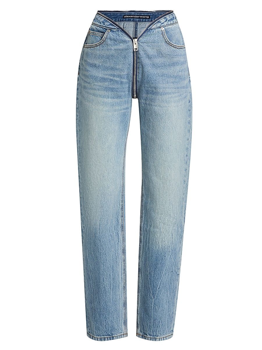 Women's Dipped V Zip Waistband Straight-Leg Jeans - Authentic Light Indigo - Size 29