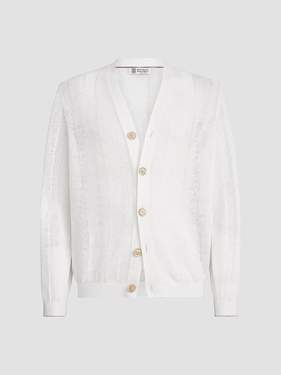 Brunello Cucinelli Men's Linen and Cotton Textured Rib Cardigan - White - Size 44