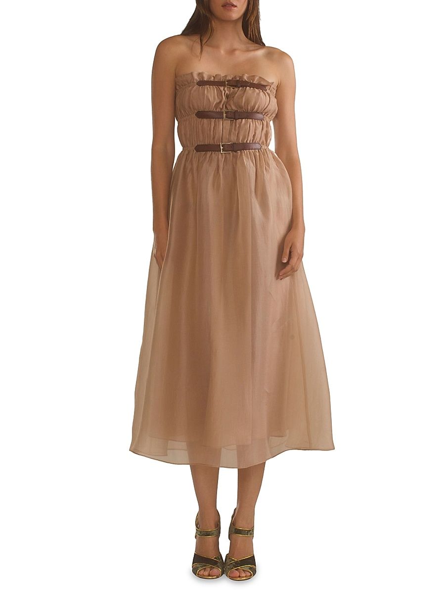 Women's Strapless Silk Organza Buckle Midi-Dress - Camel - Size Medium