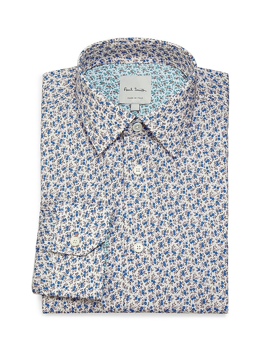 Men's Tailored-Fit Floral Cotton Shirt - Cobalt Blue - Size 17.5