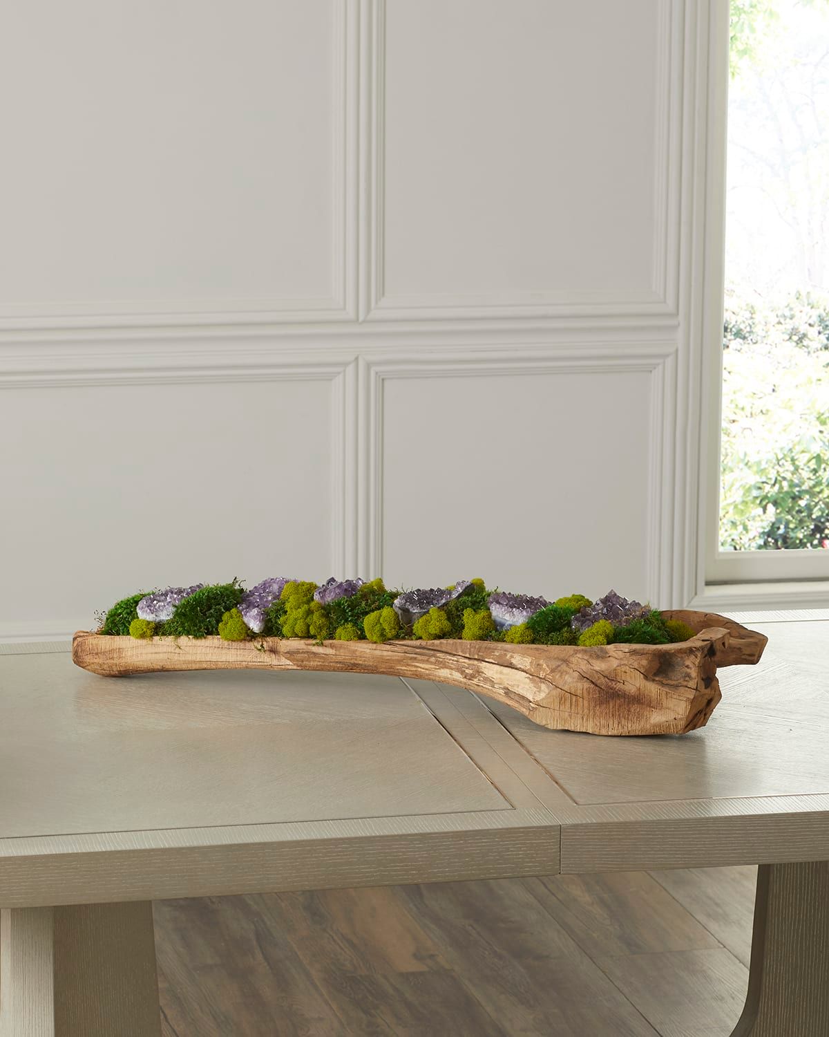 Preserved Moss and Geodes Garden in Hand-Carved Wood Log - 36"