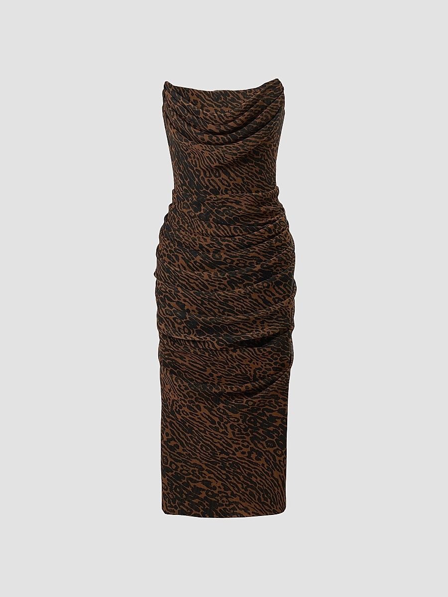 Women's Leopard Print Draped Silk Dress - Brown Black - Size 2