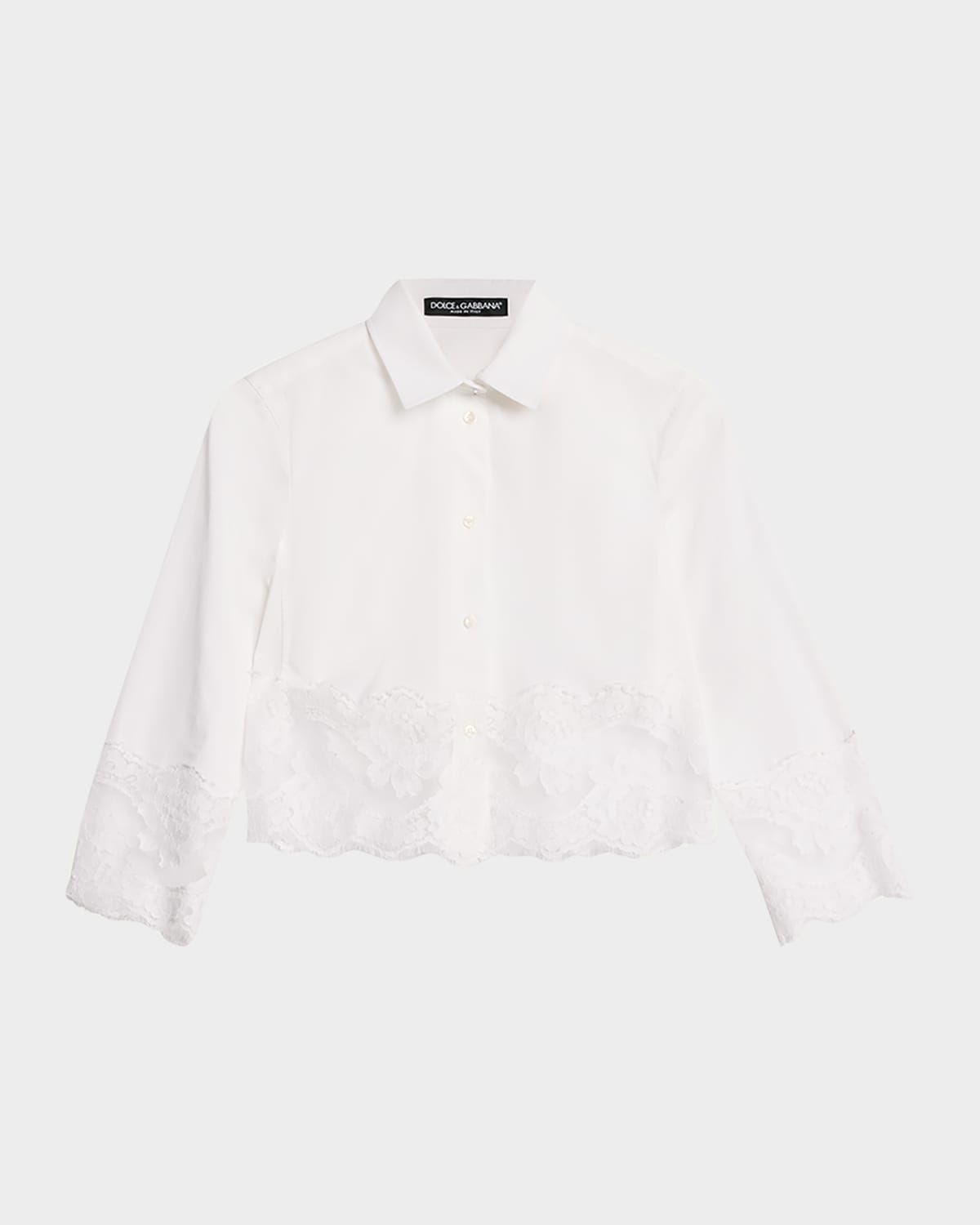 Cropped Button-Front Blouse with Lace Trim