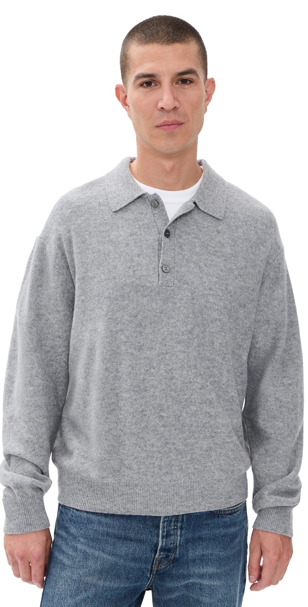 FRAME Boiled Wool Polo Sweater Grey Melange S
