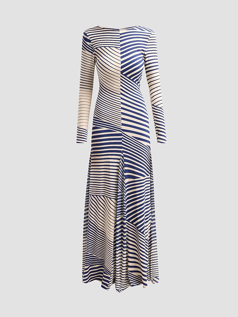 Women's Basia Abstract Striped Jersey Long-Sleeve Maxi Dress - Blue Stripes - Size Large