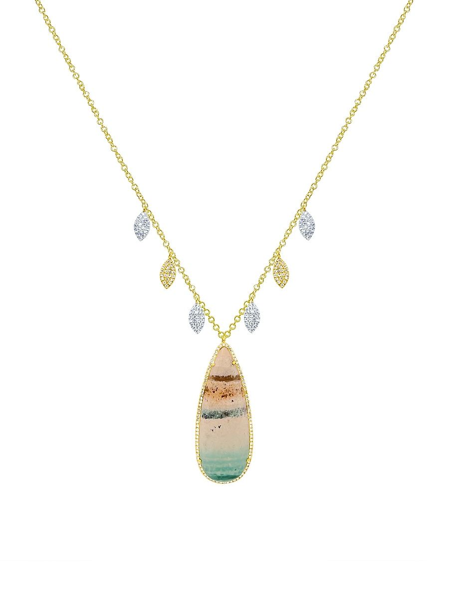Women's Two-Tone 14K Gold, Opalized Wood & 0.18 TCW Diamond Pendant Necklace - Yellow Gold