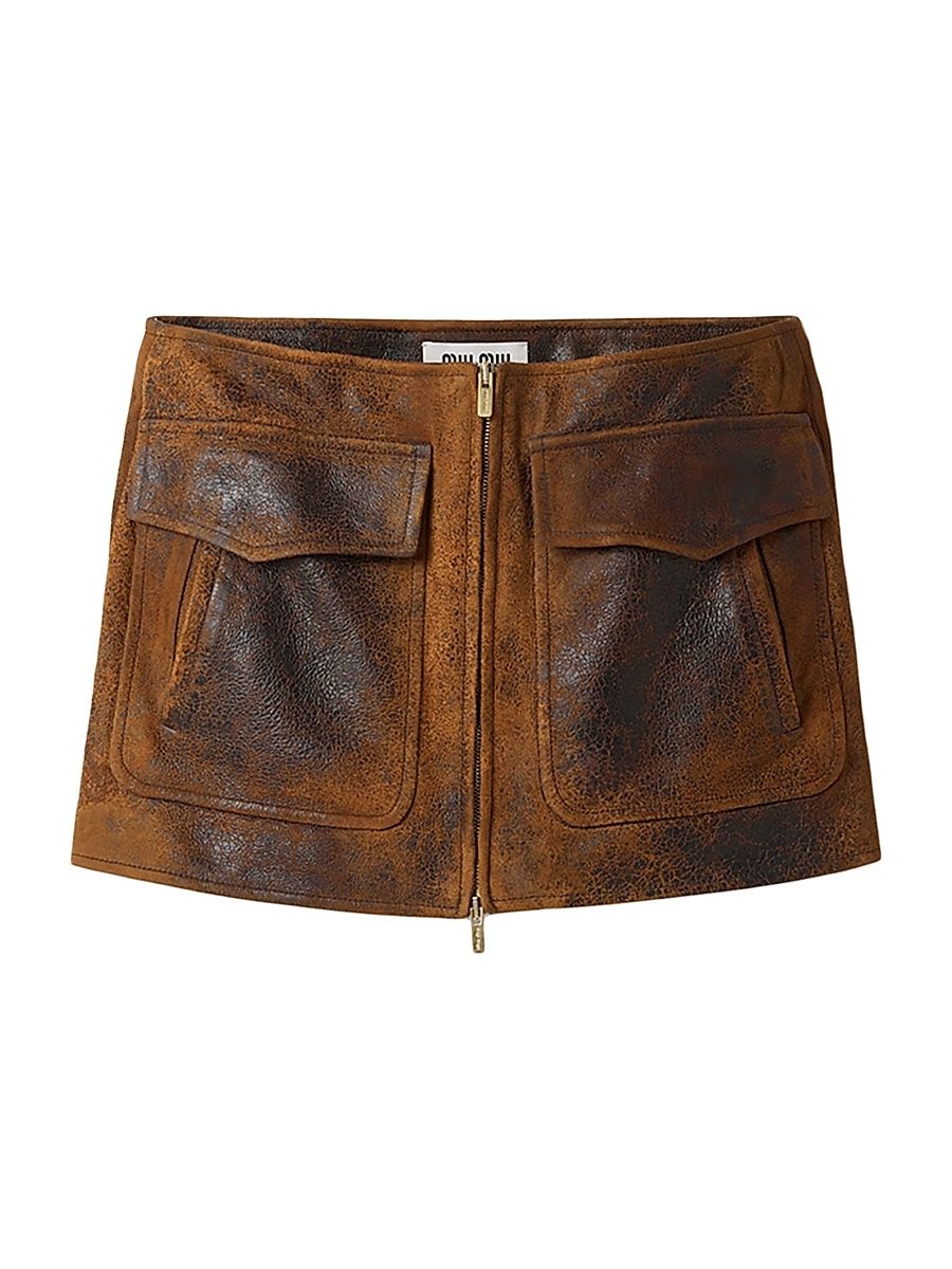 Women's Waxed Suede Leather Mini-Skirt - Brown - Size 2