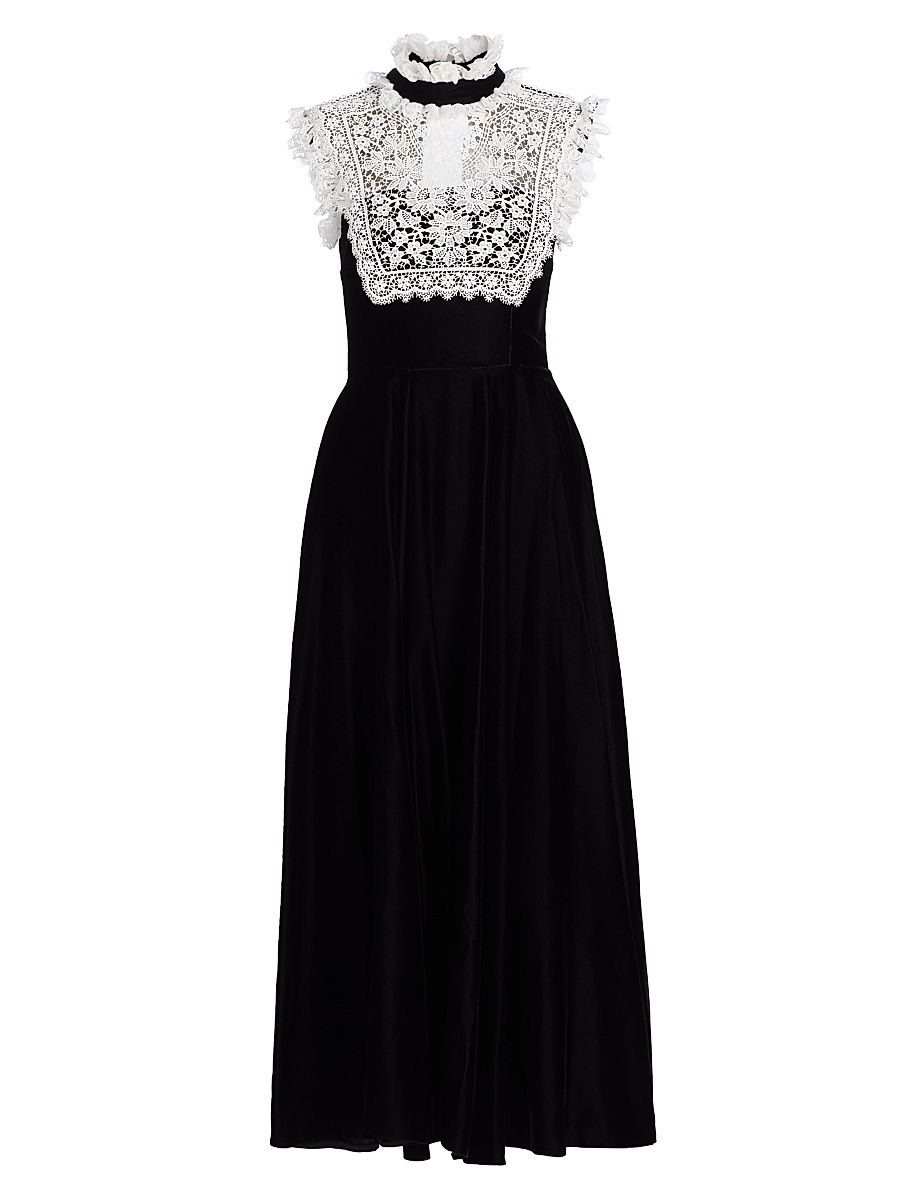 Women's Velvet & Lace Midi-Dress - Black - Size 0
