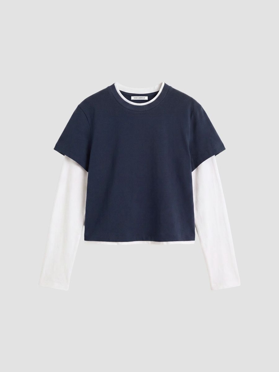 Good American Women's Holiday The Combo Layered T-Shirt - Navy With Chalk - Size XS