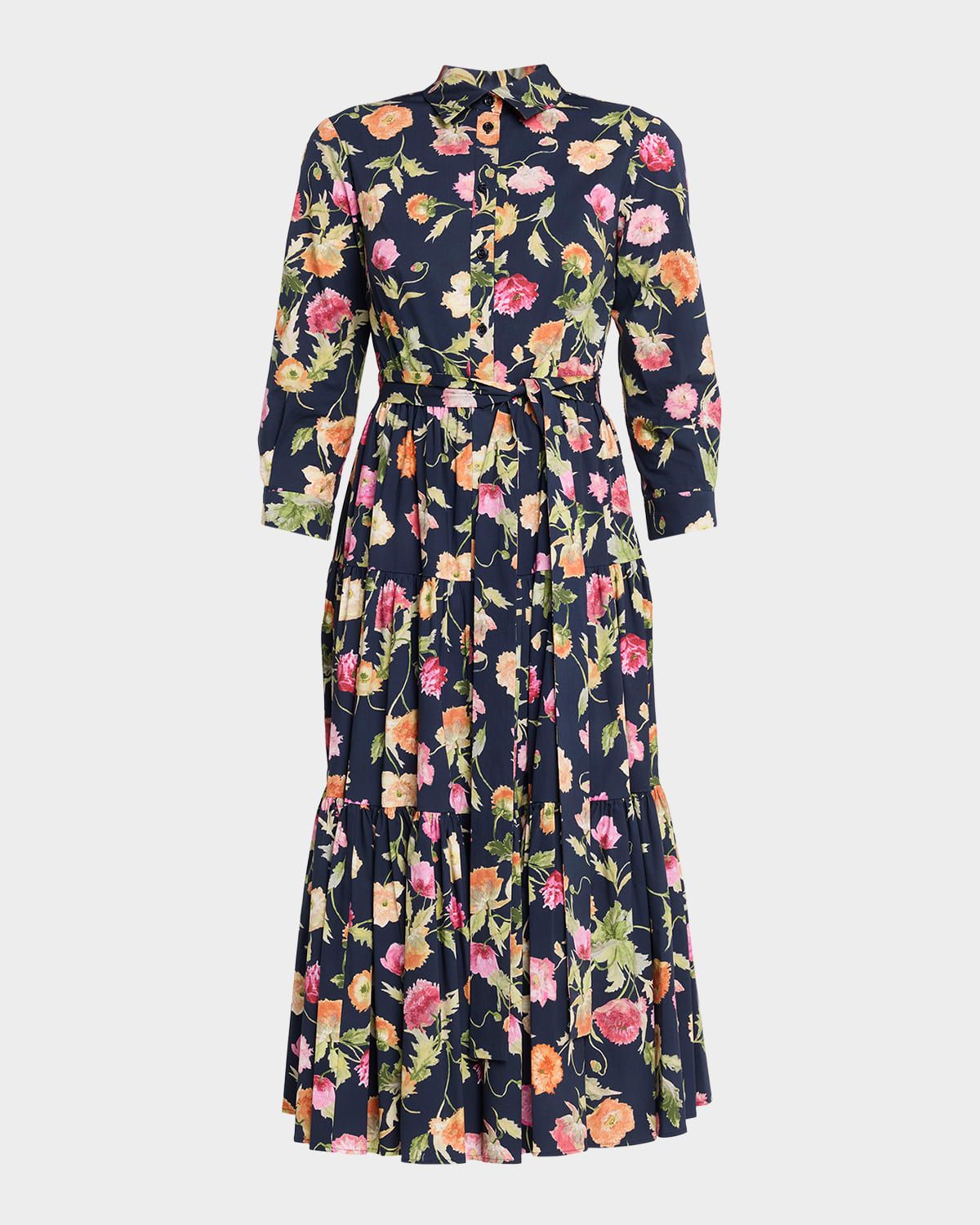 Belted 3/4-Sleeve Floral Cotton Midi Shirt Dress