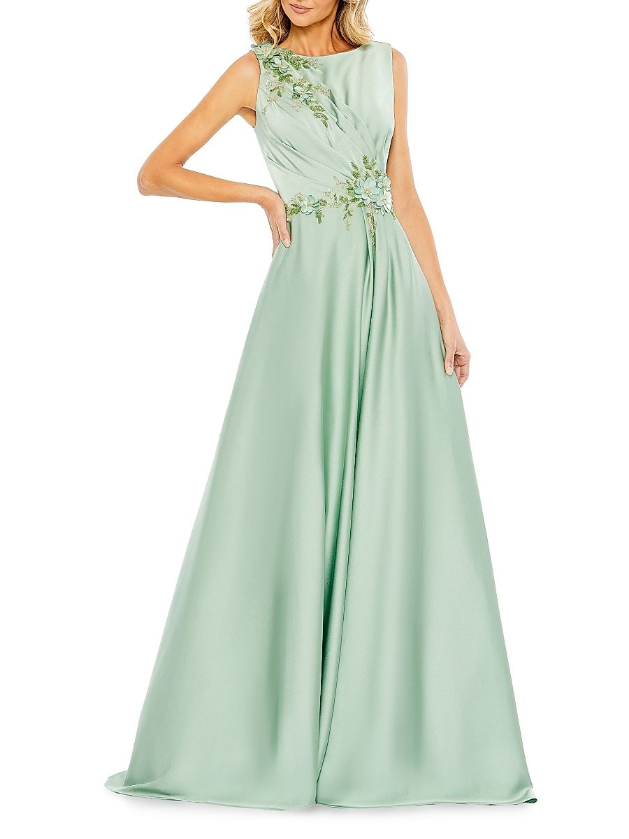 Women's Floral Appliqué Crêpe A-Line Gown - Sage - Size 18