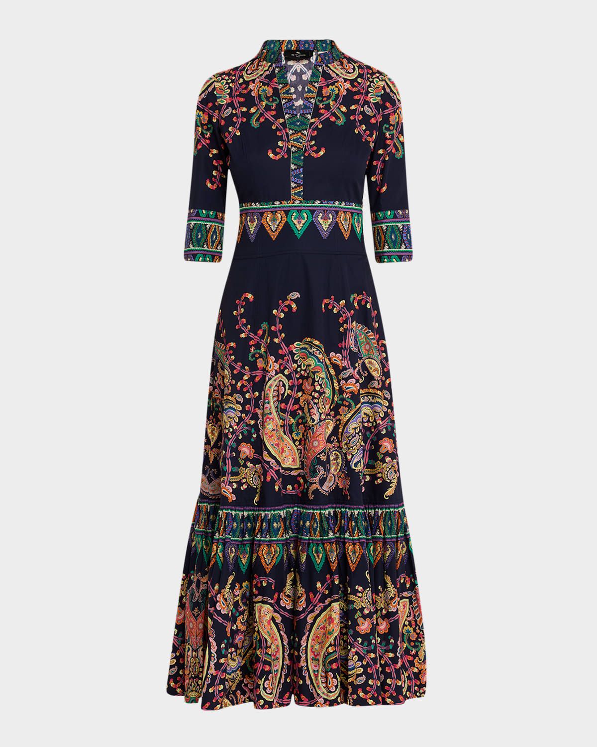 Paisley Cotton 3/4-Sleeve Maxi Shirtdress