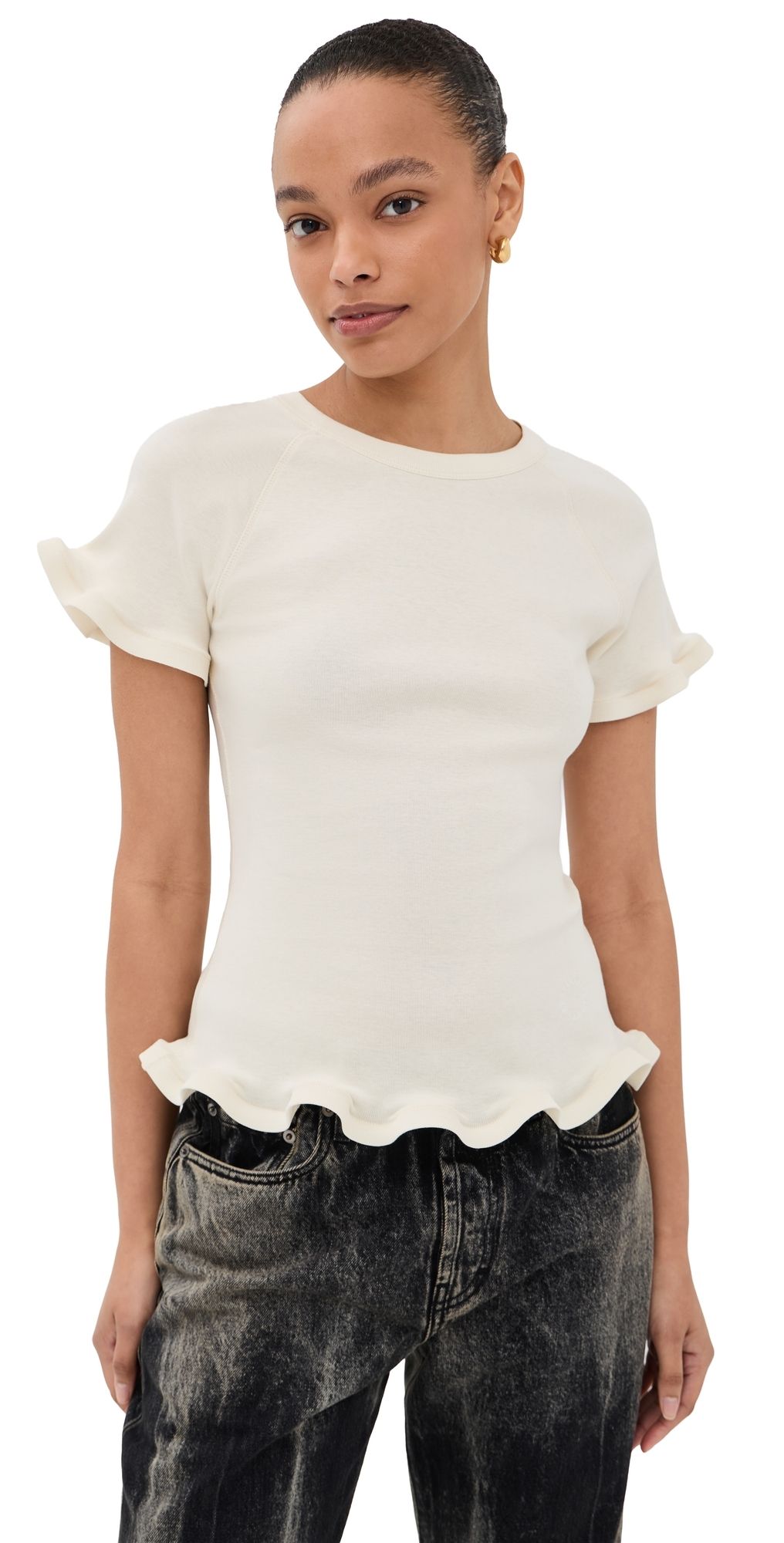 Stella McCartney Frilled Hem Rib T-Shirt Cream M