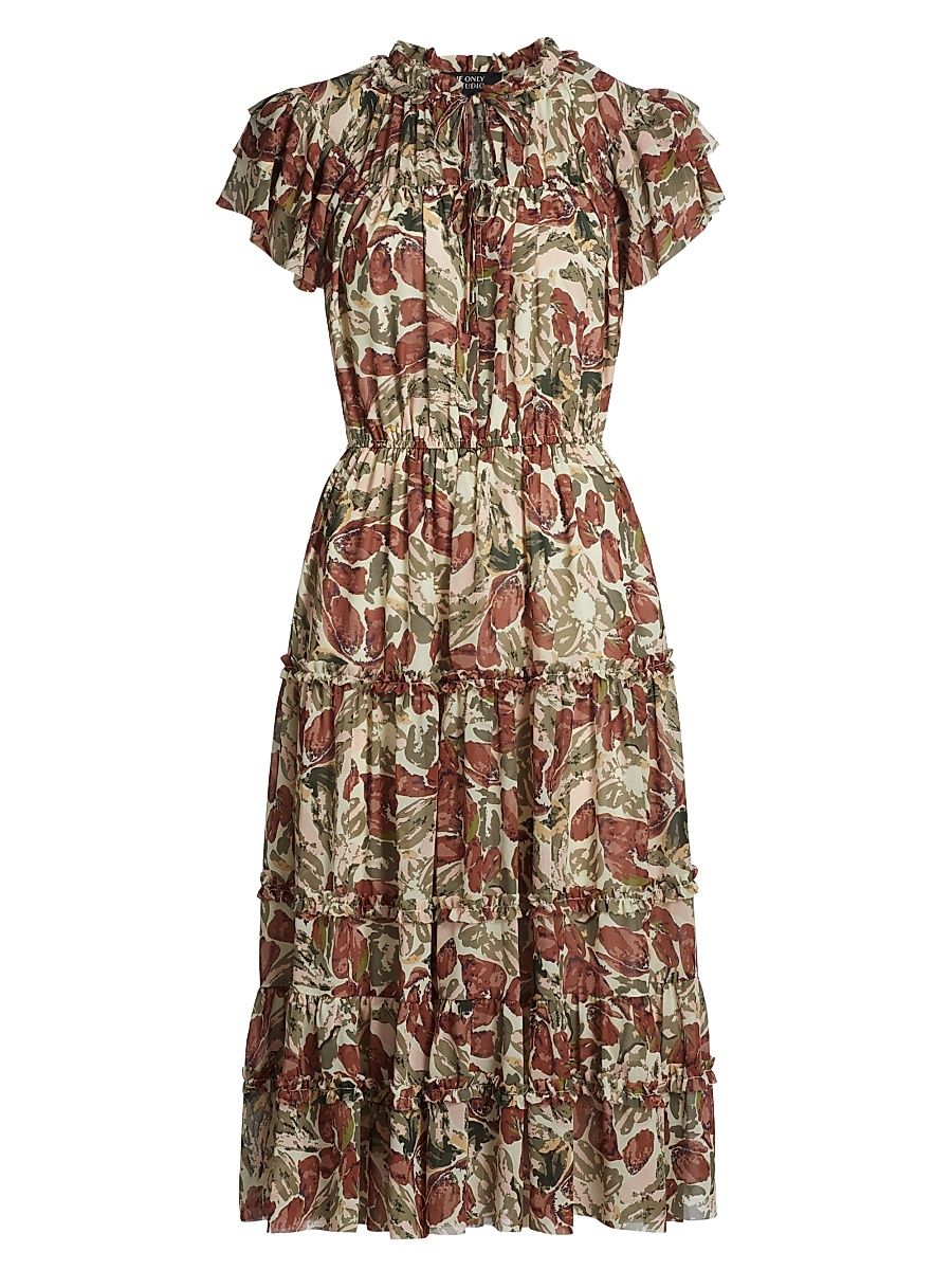 Women's Painterly Tiered Ruffled Dress - Brown Floral - Size XL
