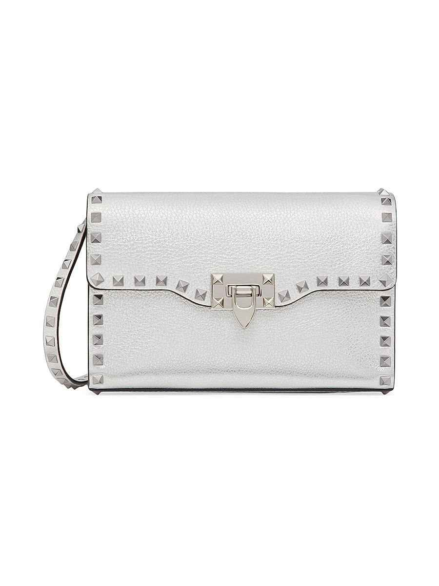 Women's Small Rockstud Grainy Metallic Calfskin Crossbody Bag - Silver