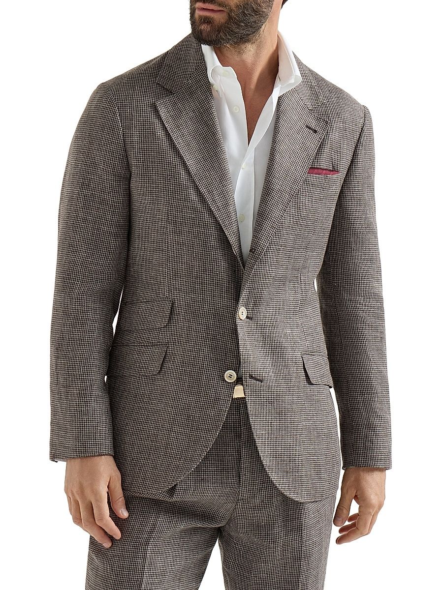 Men's Linen Houndstooth Deconstructed Cavallo Blazer - Hazelnut - Size 40