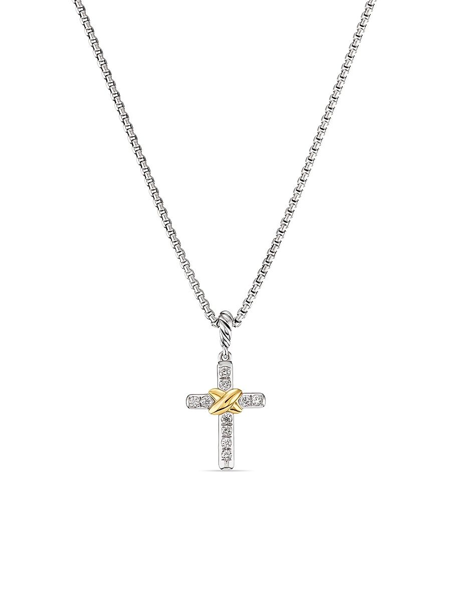 Women's Petite Cross Necklace in Sterling Silver with 18K Yellow Gold with Diamonds, 20.8mm - Diamond