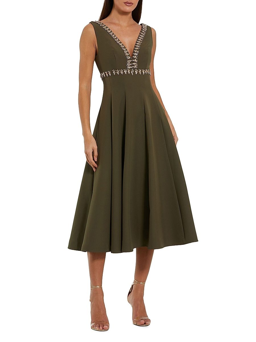 Women's Beaded Crepe A-Line Midi-Dress - Olive - Size 14