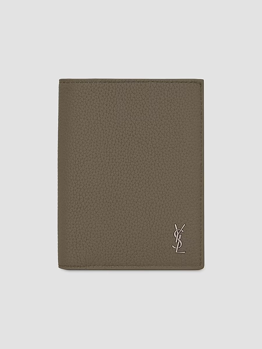 Saint Laurent Men's Tiny Cassandre Credit Card Wallet in Grained Leather - Dark Khaki